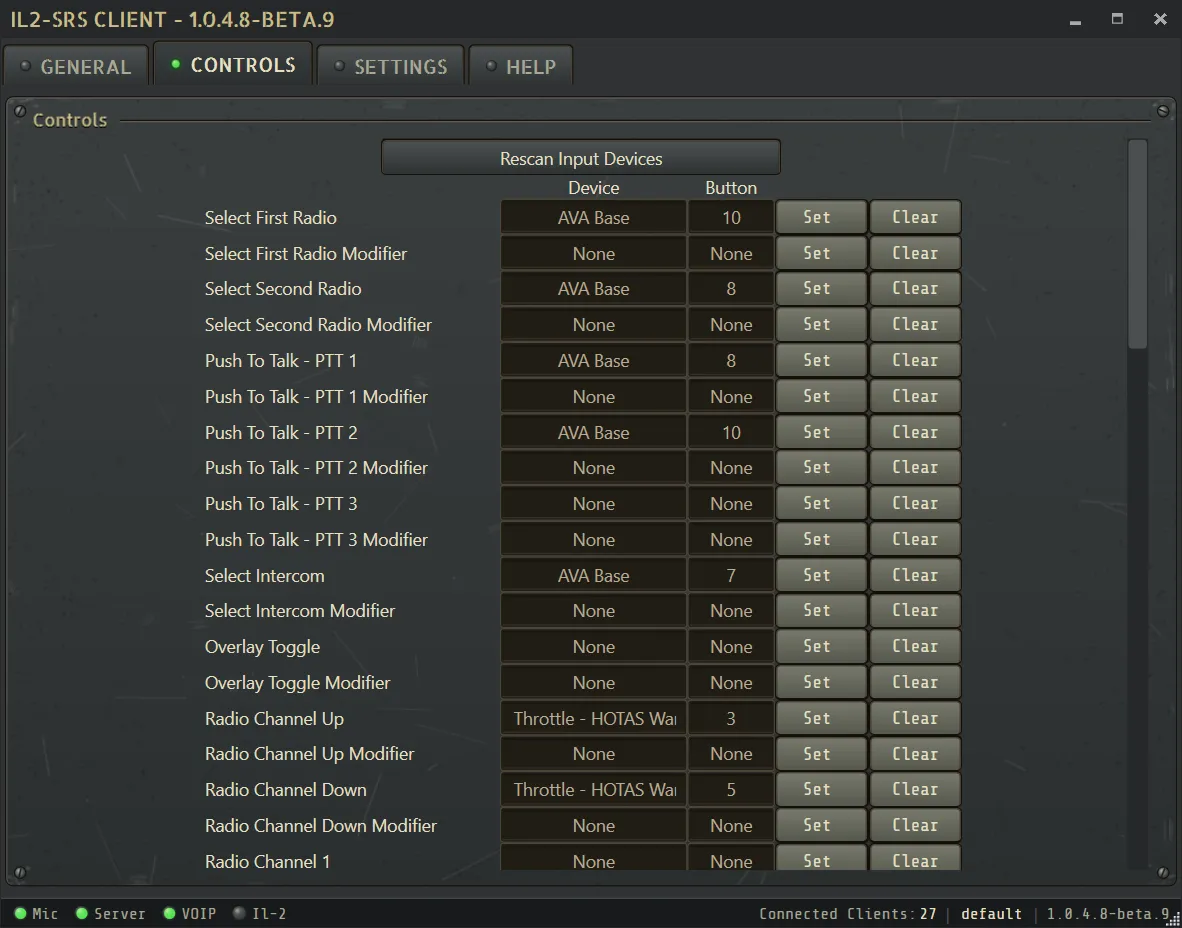SRS Controls tab showing joystick and push-to-talk assignments