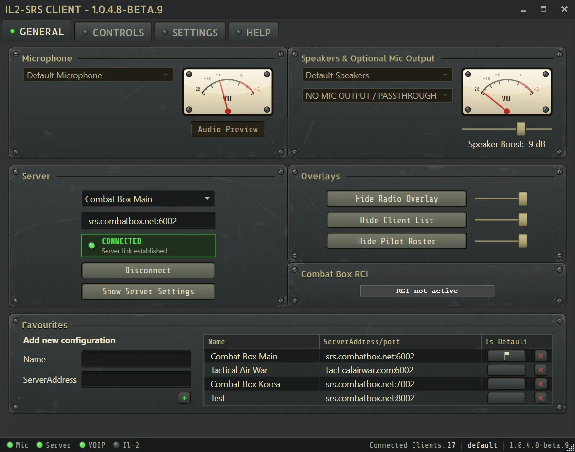 SRS General tab showing audio, server, overlay, and favourite controls