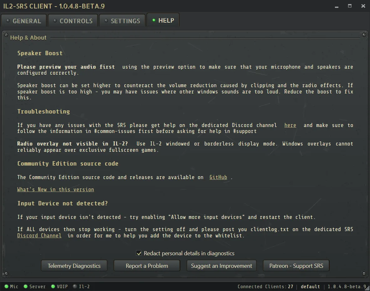 SRS Help tab with diagnostics and support controls
