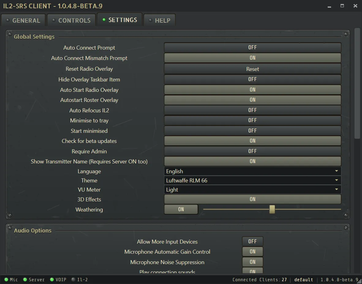 SRS Settings tab showing connection, overlay, audio, and theme options