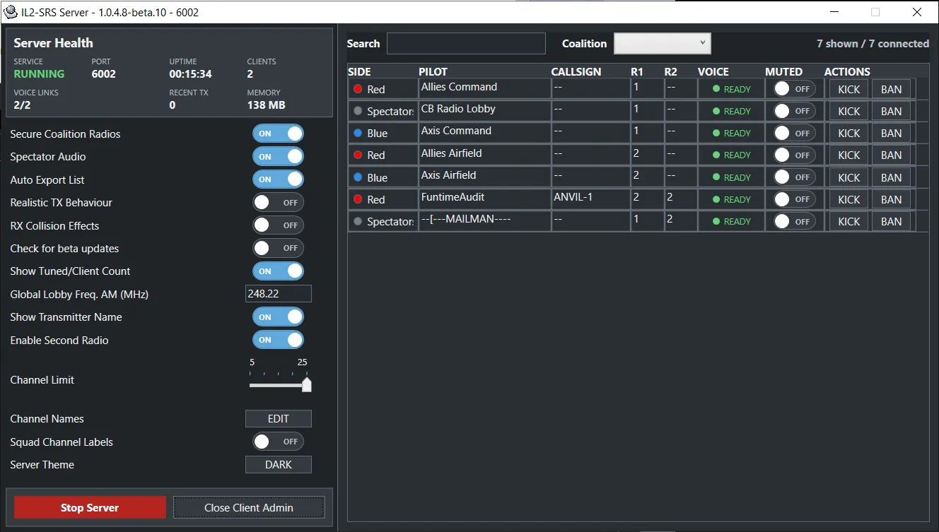 IL2-SRS server with the Dark theme and Client Admin panel expanded