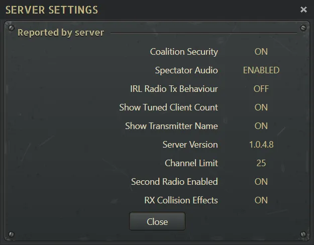 SRS Server Settings window showing advertised capabilities