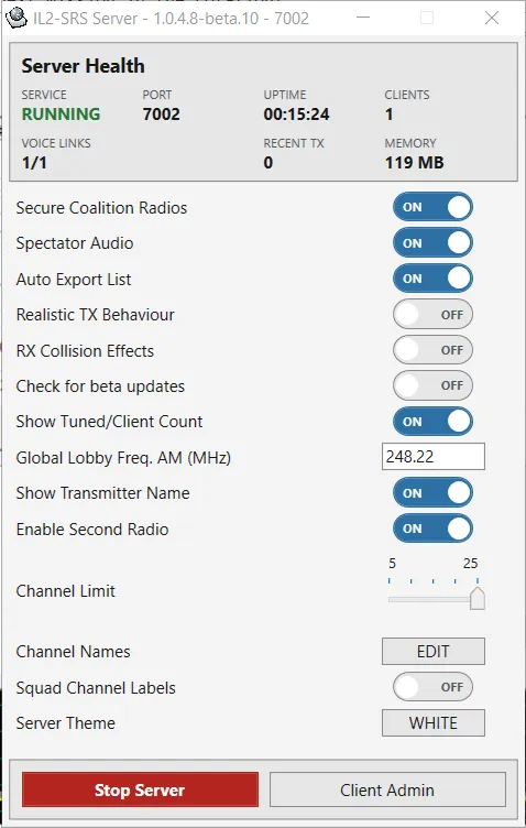 IL2-SRS server main window using the White theme
